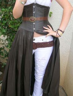 Half Skirt Half Pants, Skirt With Pants Underneath, Traditional Corset, Leather Underbust Corset, White Breeches, Corset Pants, Fair Outfits, Corset Costumes, Pants With Belt