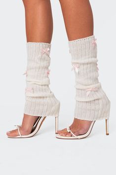 Bow Leg Warmers Bow Leg Warmers, Leg Warmers With Heels, Thigh High Socks Aesthetic, Poppy Core, Freshman Outfits, Outfits For Highschool, Socks Aesthetic, Pilates Outfit, Bow Legged