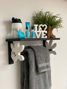 a towel hanging on a shelf next to a potted plant and toilet paper dispenser