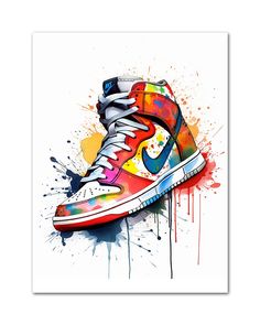 a pair of colorful sneakers with paint splatters on the bottom and bottom, against a white background