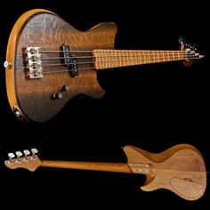 an electric bass and a guitar are shown in this image, one is made out of wood