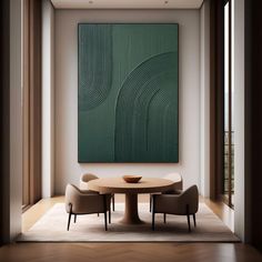 a dining room table and chairs in front of a large green painting on the wall