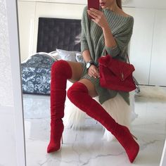 Handcrafted US sizing. Fits true to size. Heel Height: 4.72" / 120 mm approx Product measurements were taken using size 8. Please note that measurements may vary by size. Thigh High Heel Boots, Red Suede Boots, Knee Boots Outfit, Thigh High Suede Boots, Thigh High Boots Heels, Red Boots, Red Outfit, Red Suede, Heel Boots