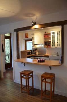 two stools are sitting in front of the kitchen counter