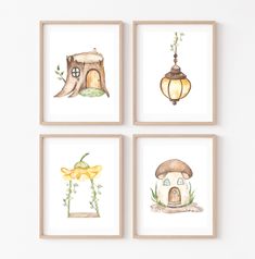 four watercolor paintings of mushroom houses and lampposts on white wall with wooden frame