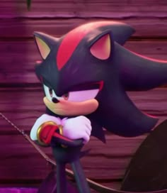 sonic the hedgehog is standing in front of a wooden wall and holding a fishing rod