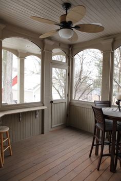 a room with wooden floors and ceiling fans on the windowsills, along with two bar stools