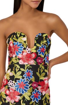 A garden's worth of colorful embroidery adorns this sleek strapless midi dress fashioned with a notched sweetheart neckline and abbreviated lining. 48" length Hidden back-zip closure Notched sweetheart neck Strapless Partially lined 100% polyester Dry clean Imported Cocktail Dress Nordstrom, Spanish Garden, Cocktail Dress Wedding Guest, Garden Embroidery, Formal Wedding Guest Dress, Mesh Embroidery, Strapless Cocktail Dress, Colorful Embroidery, Formal Cocktail Dress