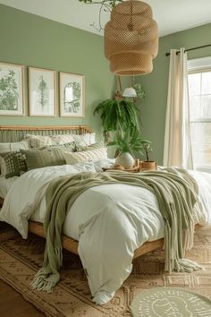 a bedroom with green walls, white bedding and plants on the wall above the bed