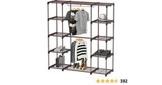 the four tiered shelving unit has clothes and shoes on it