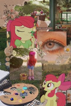 the collage has pictures of pony ponies, flowers and other things on it