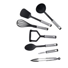 an assortment of kitchen utensils are shown in this image on a white background