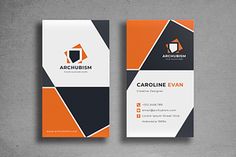 two business cards with an orange and black design on the front, one in grey and white