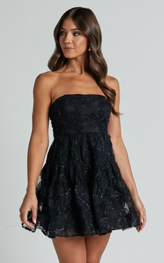 Marzy Mini Dress - Strapless Floral Detail Lace Fit and Flare Dress in Black Short Dresses Classy, Hoco Inspo, Semi Dresses, Cute Formal Dresses, School Dance Dresses, Cute Homecoming Dresses, Winter Formal Dresses, Banquet Dresses, Formal Dresses Short