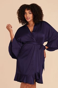 These gorgeous ruffle satin robes are perfect to get ready in. Availabke in Navy. Equal parts sweet and flirty, these ruffled satin robes will make your bridal suite moment unforgettable. | Navy Getting Ready Georgette Size 1X/3X | Birdy Grey Kenny Ruffle Satin Robe Satin Robes, Birdy Grey, Silk Robe, Bridal Suite, Sleepwear & Loungewear, Silk Chiffon, Birdy, Getting Ready, Get Ready