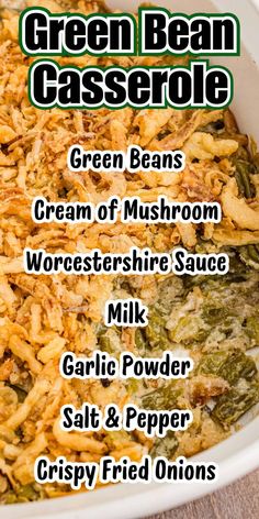 green bean casserole recipe in a white dish