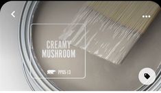 a paint can with a brush on top of it and the words creamy mushroom painted in white