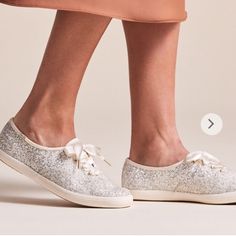 Gently Used (Worn For ~2hrs For Wedding Reception Indoors). Off-White Glitter. Ribbon Laces, But Also Have The Unused Regular Laces In Box. Original Box. Keds Shoes Women, Keds Triple Kick, Women Brogues, Wool Sneakers, Kate Spade Keds, Champion Sneakers, Rose Gold Sneakers, Wedding Sneakers, Keds Champion