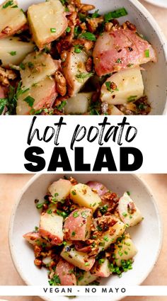 two bowls filled with potatoes and meat next to the words hot potato salad on top