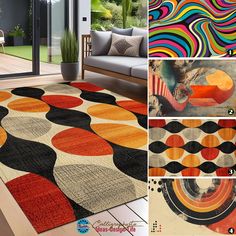 a collection of colorful rugs in various shapes and sizes, including an abstract design