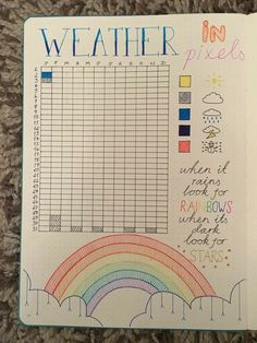 an open planner with rainbows, rain and clouds on it that says weather in pixels