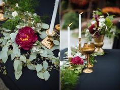 two pictures of flowers and candles on a table with greenery, gold candelabra