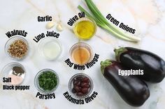 ingredients for eggplant soup laid out on a marble counter top with the names