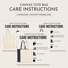 three canvas tote bags with instructions for care instructions and instructions on the back side