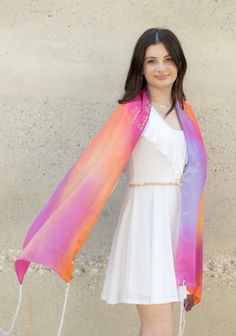 HANDMADE BAT MITZVAH SILK TALLITS FOR GIRLS & WOMEN ... All of our silk tallits become one-of-a-kind family heirlooms, with unique marbling patterns and colors. * HIGHEST QUALITY SIK Each airy and light tallit is crafted by hand from 100% Chinese Habotai silk for the softest and smoothest feel. This truly, unique and elegant garment is a wonderful gift for someone special or even as a present to yourself.  * ONE-OF-A-KIND MARBLING TECHNIQUE These beautiful tallits are hand-marbled into a one-of-a-kind design with a blend and range of dyes that results in vivid and rich colors. * SPECIALZED ATARA DESIGN The top of the tallit is distinguished by the traditional prayer or verse of your choice along with a subtle pattern of Swarovski crystals individually applied on the silk. * KEEPSAKE BAG TO Marbling Techniques, Habotai Silk, Silk Bag, Prayer Shawl, Family Heirloom, Bat Mitzvah, Shawls And Wraps, Rich Color, Scarf Wrap