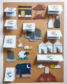 a bulletin board with cut outs and pictures on it that include houses, buildings, trees, and clouds