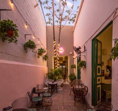 an alleyway with tables and chairs lined up against the wall, potted plants on either side