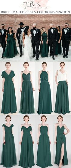 bridesmaid dresses in different colors and styles for the wedding party, including green