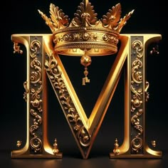 the letter m is made up of gold and has a crown on top of it