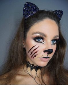 Scary Cat Face Paint, Cat Scratch Makeup, Zombie Cat Makeup, Black Cat Makeup Halloween Pretty, Scary Cat Halloween Makeup, Scary Cat Makeup Halloween, Claw Marks Makeup, Halloween Black Cat Makeup, Cute Wolf Makeup