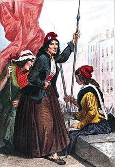 an illustration of a woman holding a flag and standing next to other women in front of a building