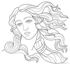 a drawing of a woman's face with long hair and flowing waves in the wind