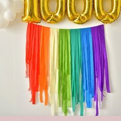 balloons and streamers with the number 100 hanging from them