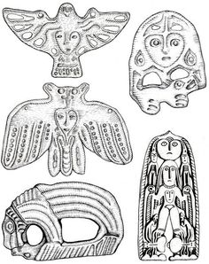 four masks with different designs on them, including one in the shape of an eagle