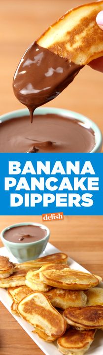 banana pancake dippers on a plate with dipping sauce in the middle and chocolate being poured over them