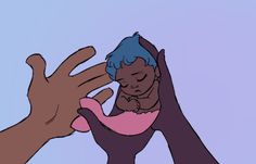 two hands holding a baby in the middle of it's body and another hand reaching out