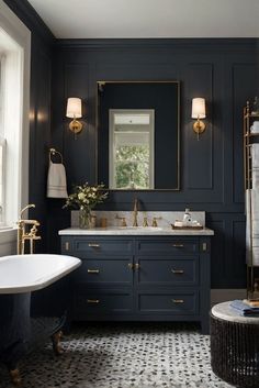 a bath room with a tub a sink and a mirror on the wall in it