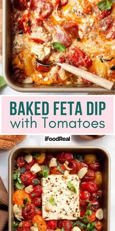 baked feta dip with tomatoes in a casserole dish