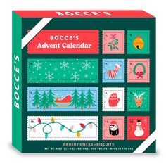 the bocce's christmas calendar is shown in front of a green box