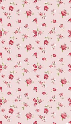 a pink wallpaper with red flowers and green leaves on the bottom half of it