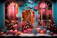 a window display with candy canes and christmas decorations