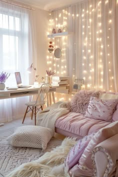 a living room filled with furniture and lots of lights on the wall above it's windows