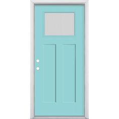 a blue door with two white balls on the bottom and one light blue front door