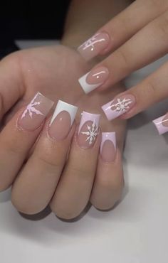 Pink Nails With Snowflakes, Cowboy Nails, Pink Tip Nails, Natural Acrylic, Hippie Nails, Winter Nails Acrylic, Christmas Gel Nails, Girly Acrylic Nails, Christmas Nails Acrylic