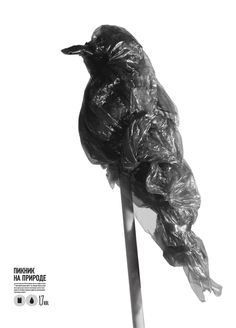 a black and white photo of a bird wrapped in plastic sitting on top of a stick