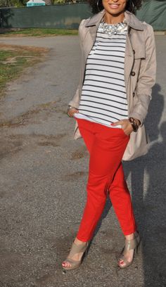 Love the stripes and pop of color! How To Wear Culottes, Workwear Chic, Perfect Winter Outfit, Red Trousers, Striped Shirts